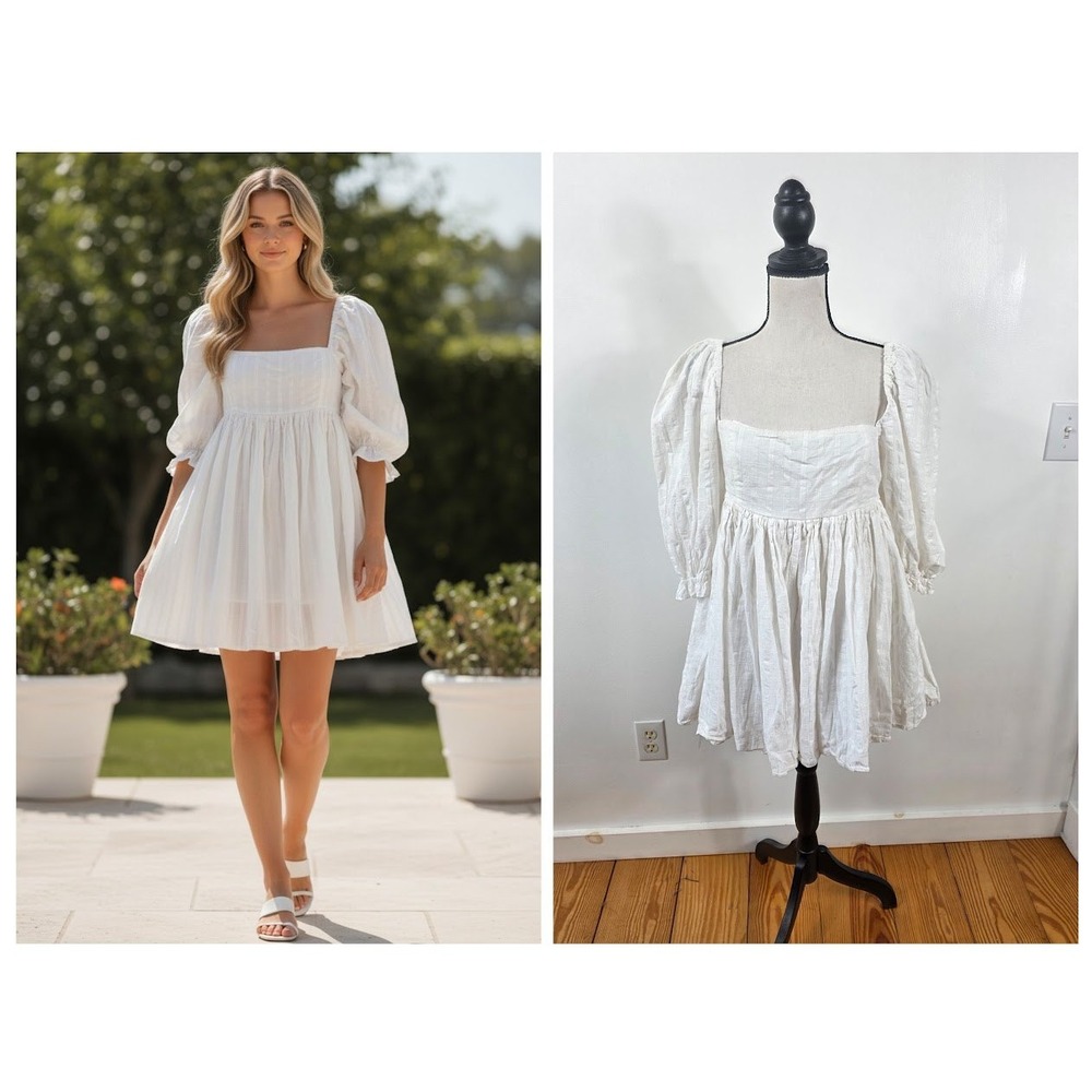 Mable Anthropologie Babydoll Dress Women L White Puff Sleeve Square Neck Cotton